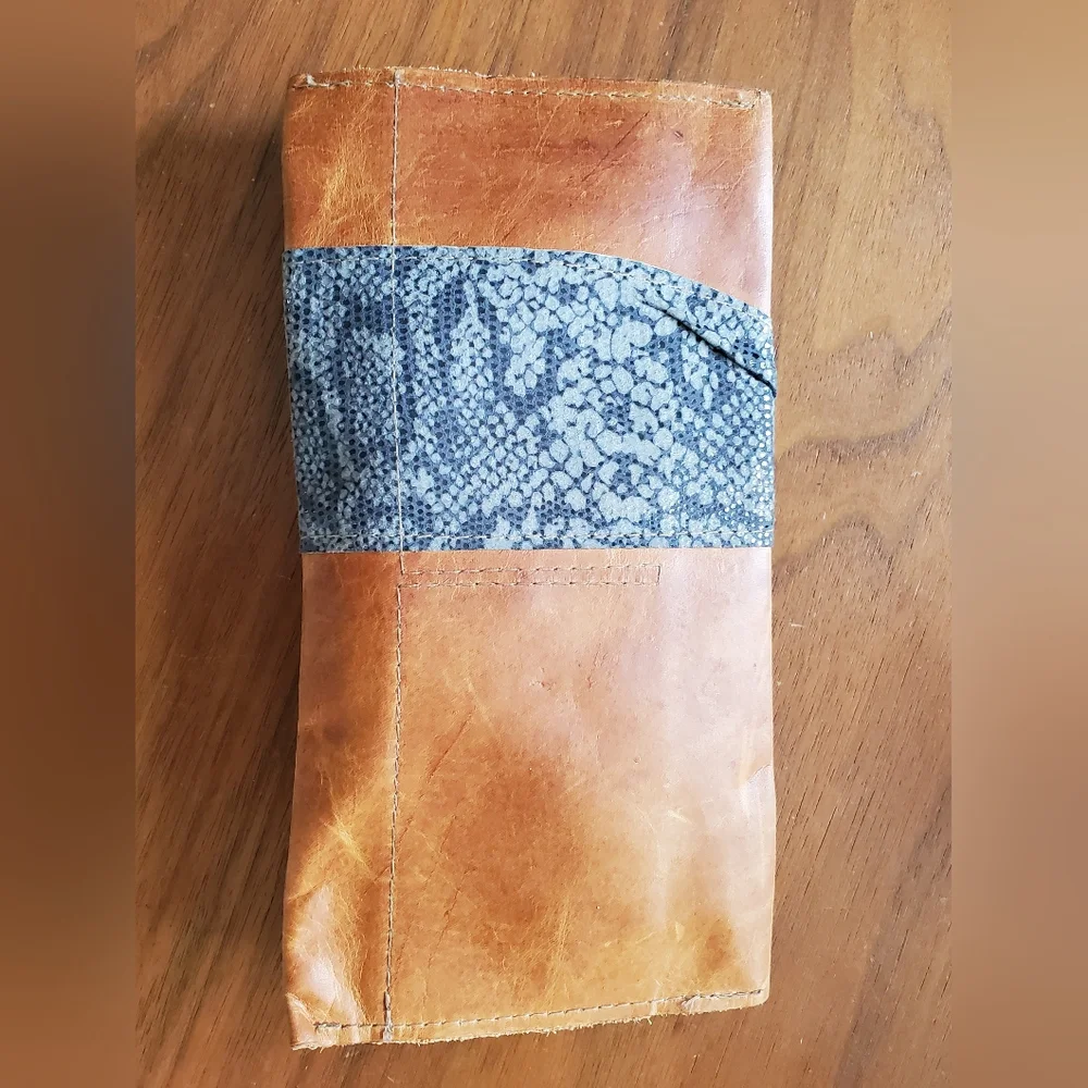 Custom Hand Made Satchel Savannah GA Leather Clutch Wallet with Blue Bow Accent